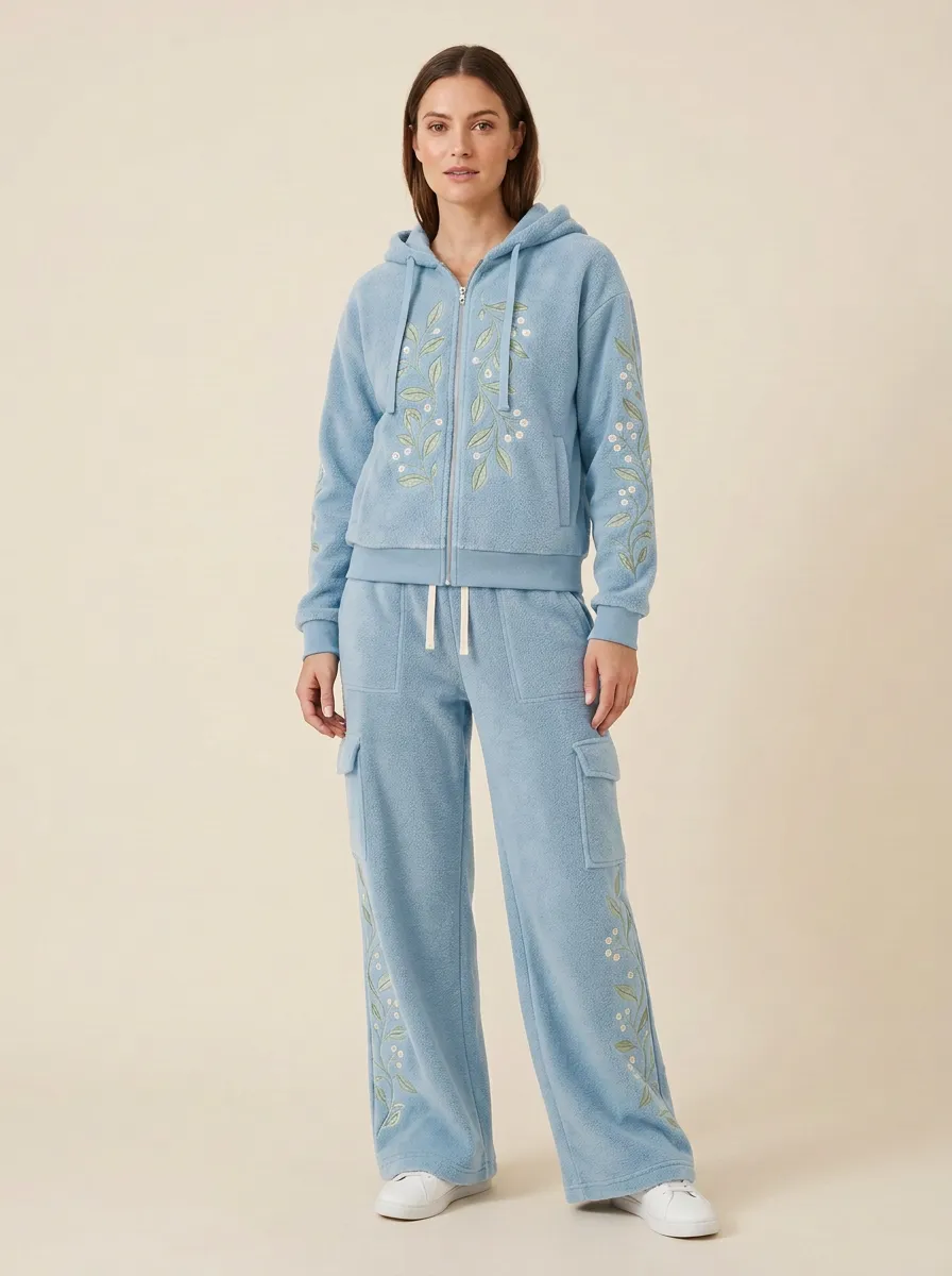 Women's Floral Embroidered Fleece Hoodie And Cargo Set