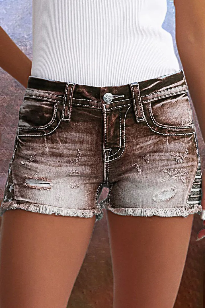 Embroidered Ripped Raw Hem Denim Shorts