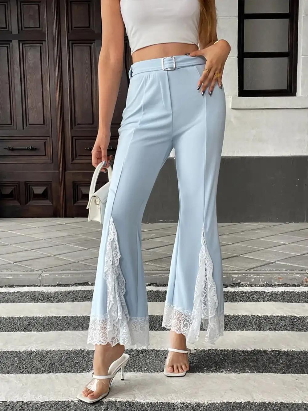 Flare Lace Trim Ruffle Detail Casual Pants