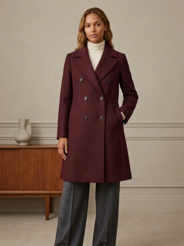Women's Navy Blue Double-Breasted Wool-Blend Pea Coat