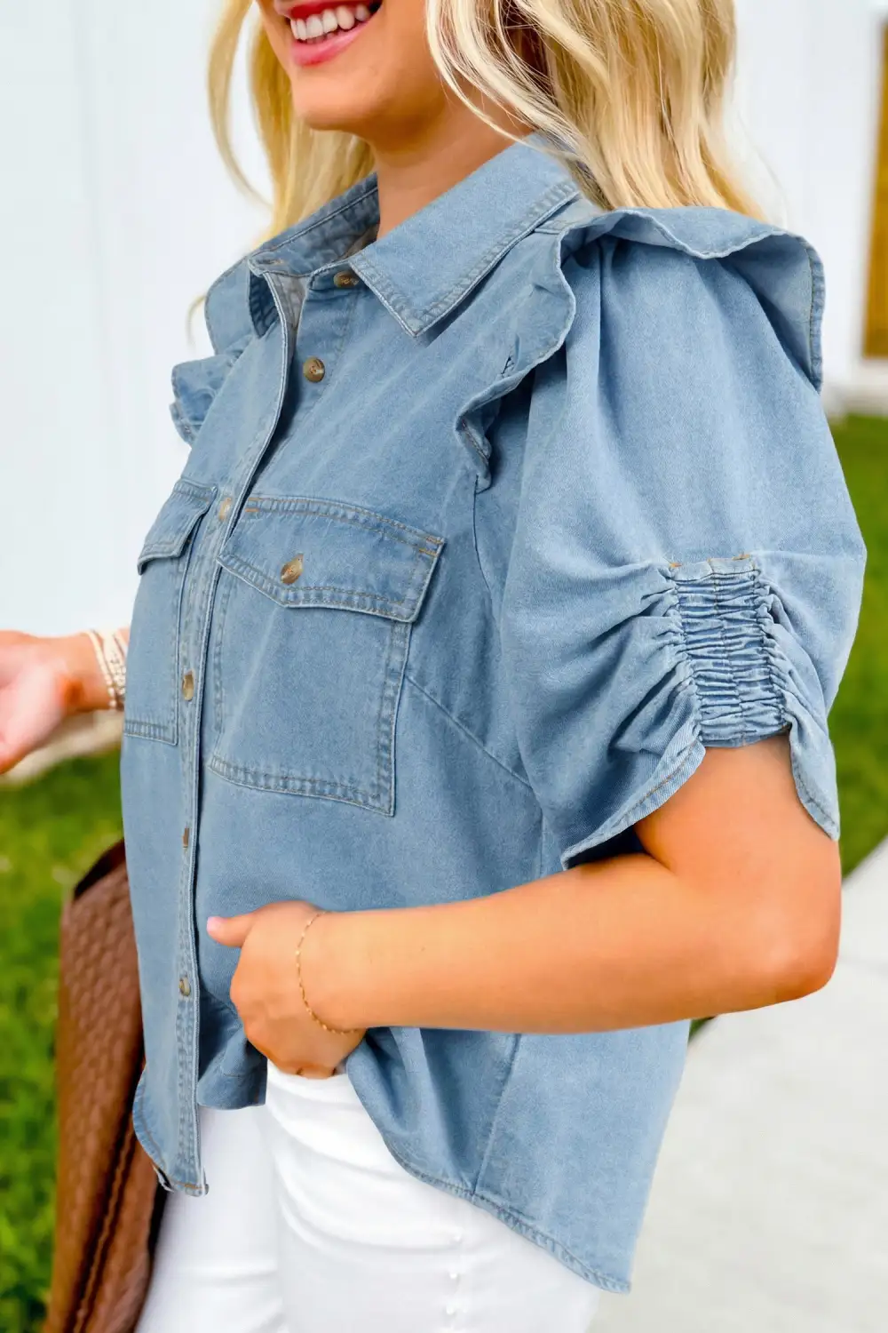 Women's Denim Puff Sleeve Button Front Blouse