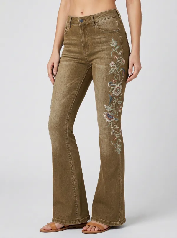 Women's Dark Wash Embroidered Flare Jeans