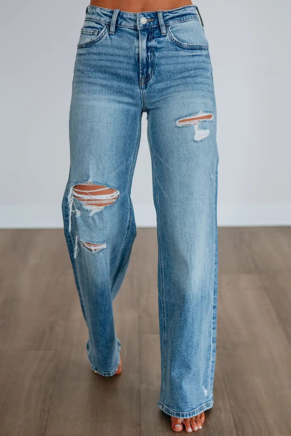 Women's High Rise Wide Leg Fading Whiskering Jeans
