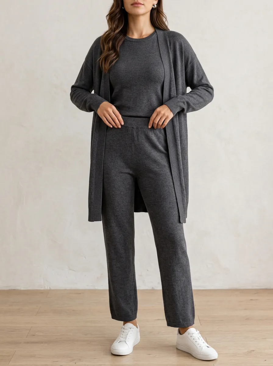 Women's Off Duty Knit Cardigan Tank Top And Pants Three Piece Set