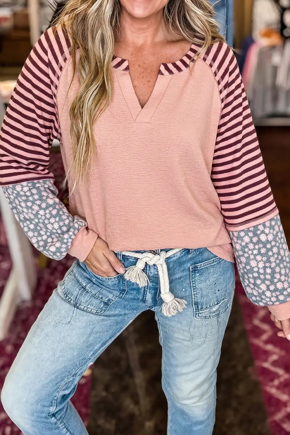 Floral Print V Neck Relaxed Cotton Blend Long Sleeve Top