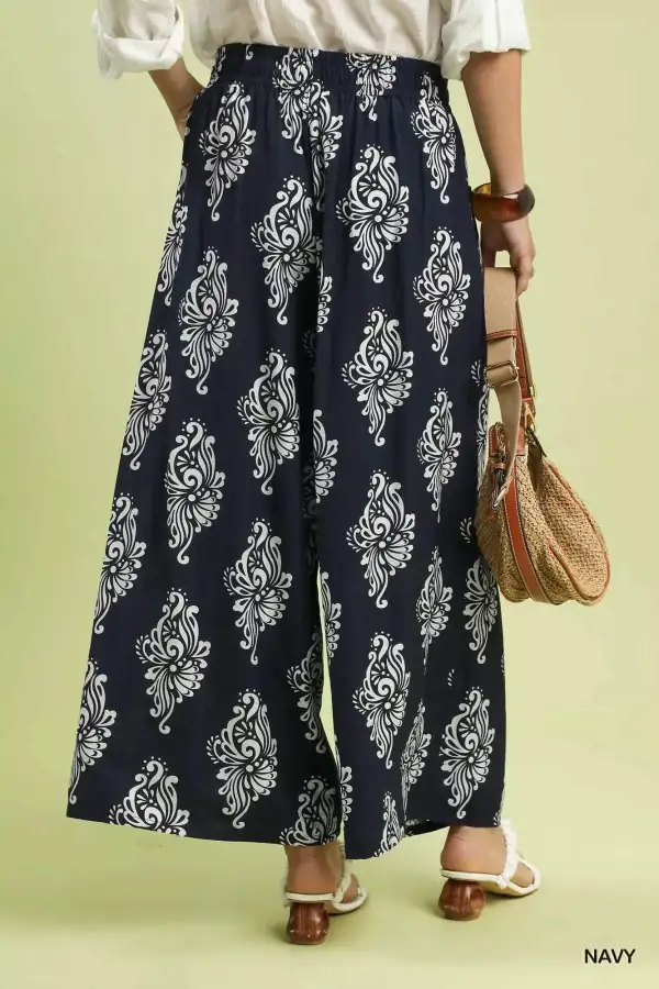 Wide Leg Printed Drawstring Elastic Waist Pants