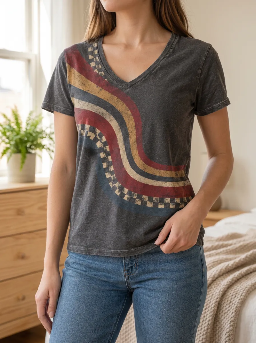 Women's Retro Vintage Striped Checkered Printed V-Neck T-Shirt