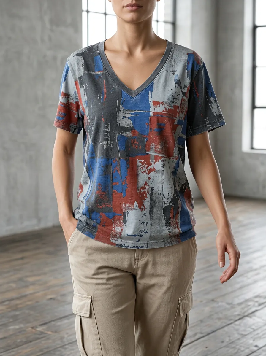 Women's Abstract Art Red Blue Grey Printed V-Neck T-Shirt
