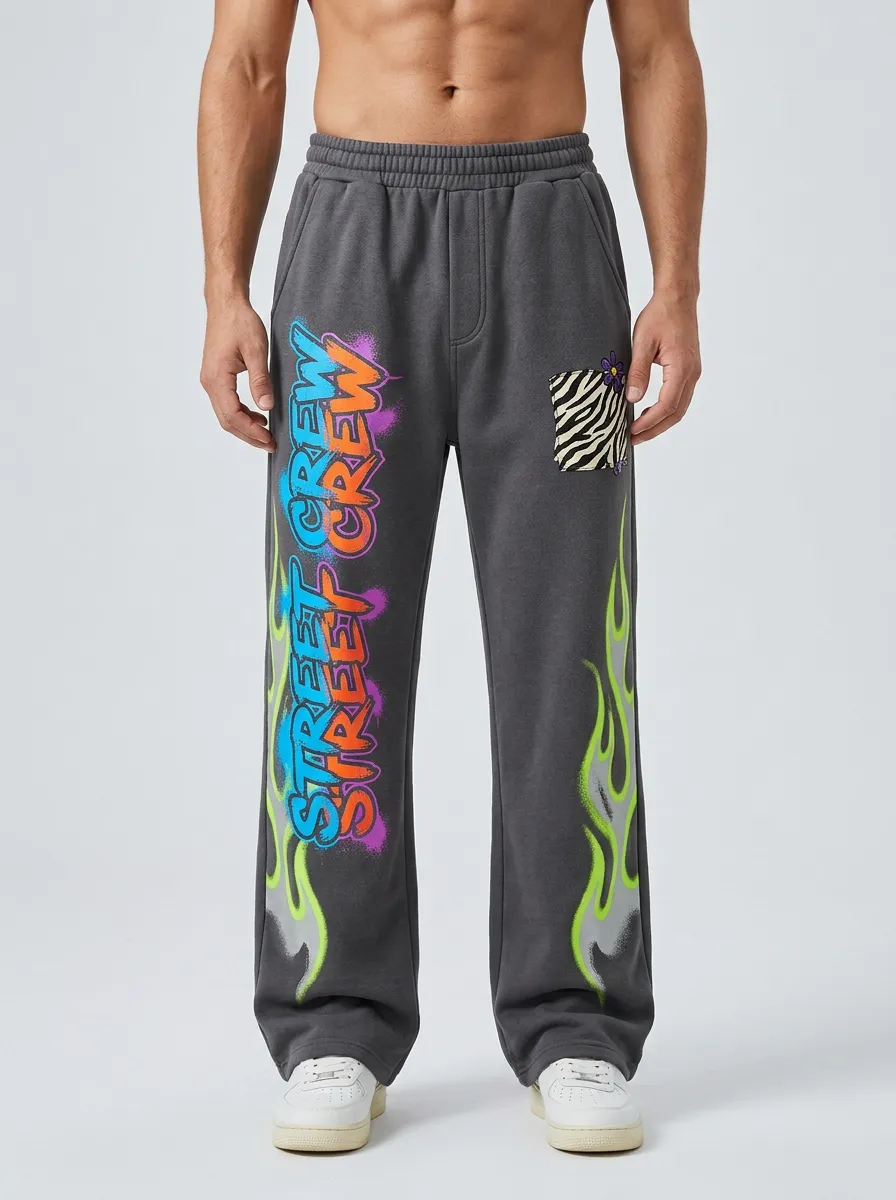 Men's Streetwear Graffiti Flame Zebra Printed Sweatpants