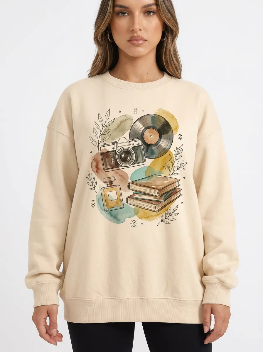 Women's Aesthetic Hobby Camera Vinyl Book Graphic Sweatshirt