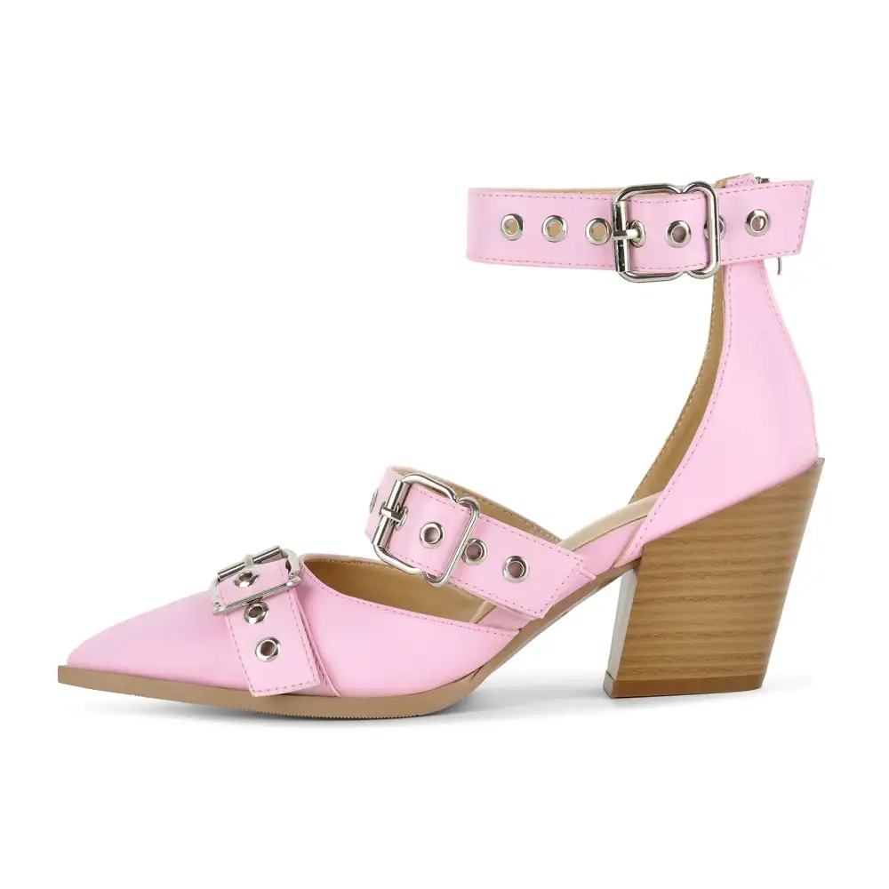 Pointed Toe Chunky Heel Ankle Strap Pumps