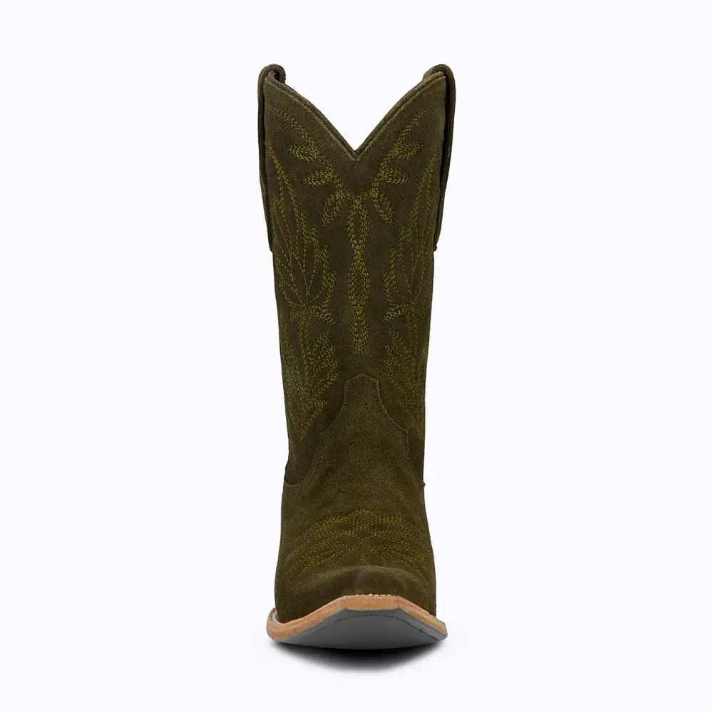 Modern Faux-Suede Embroidered Snip-Toe Chunky-Heel Mid-Calf Boots