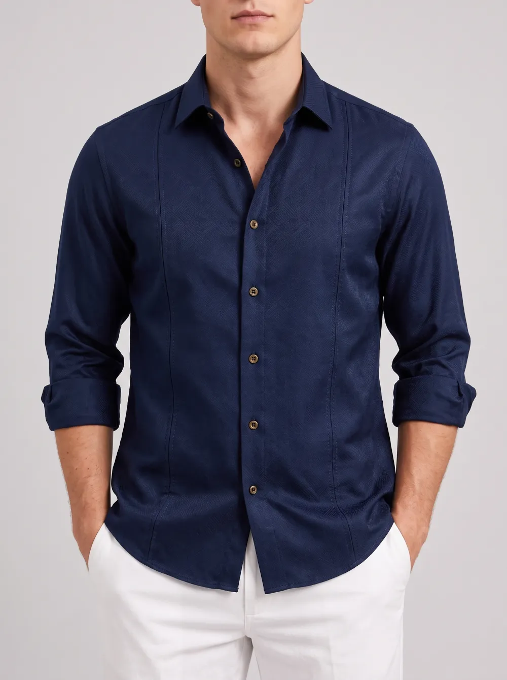 Men's Navy Blue Geometric Pattern Textured Button Down Shirt