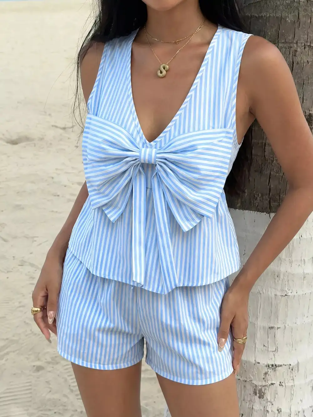 Striped Bowknot Sleeveless Top and Shorts Set