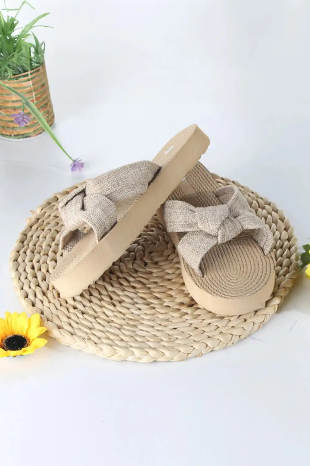 Boho Bow Detail Raffia Woven Flat Sandals