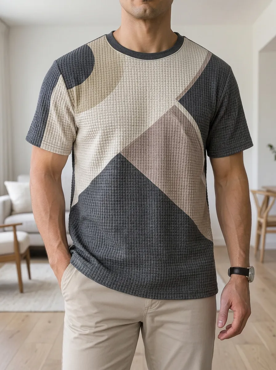 Men's Geometric Abstract Waffle Knit Signature Crew Neck T-Shirt