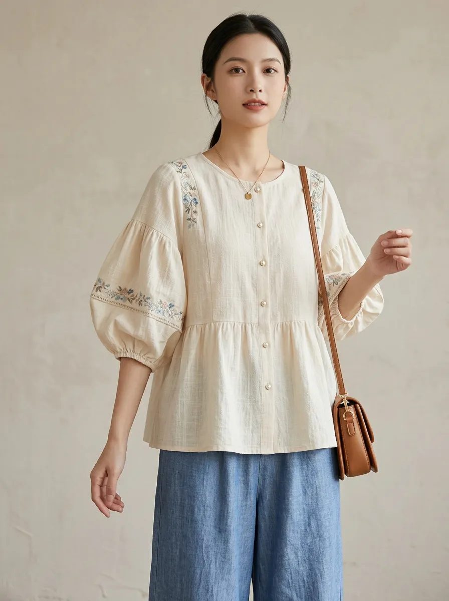 Embroidered Peplum Smocked Women's Puff-Sleeve Blouse