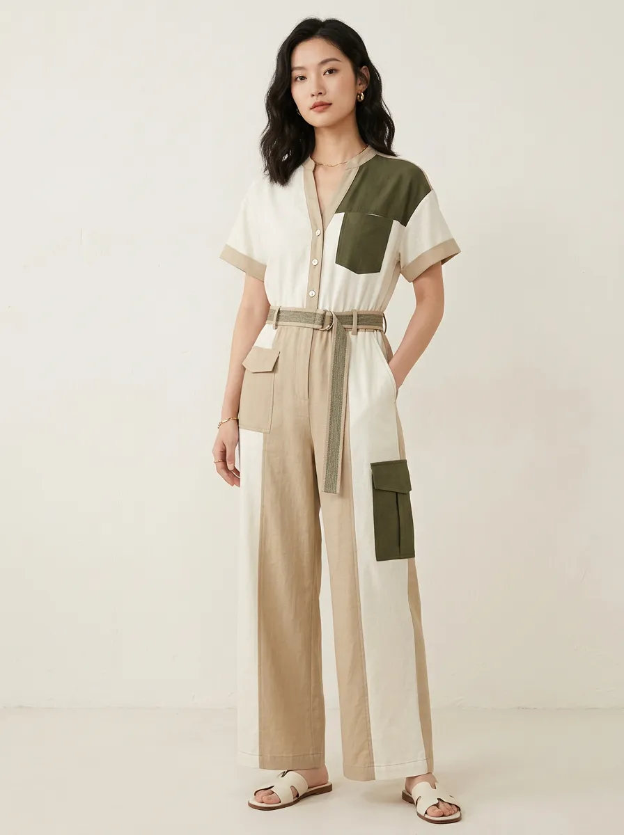 Women's Cedar Utility Patchwork Colorblock Belted Jumpsuit