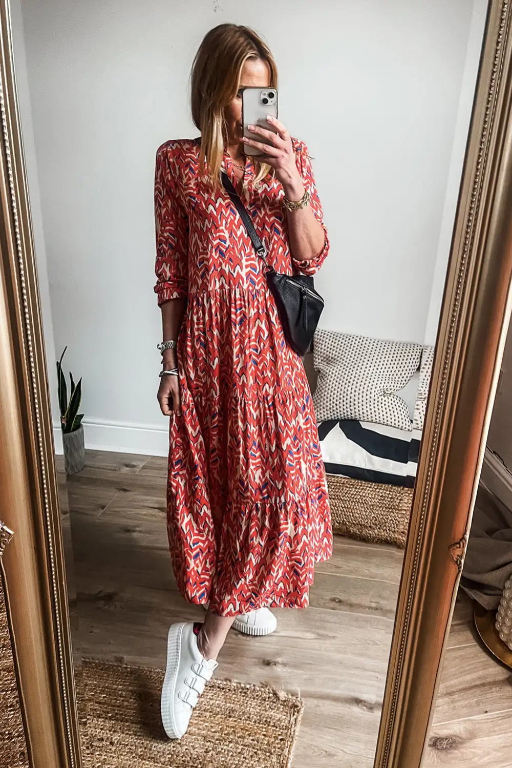 Abstract Print V Neck Pleated Midi Dress