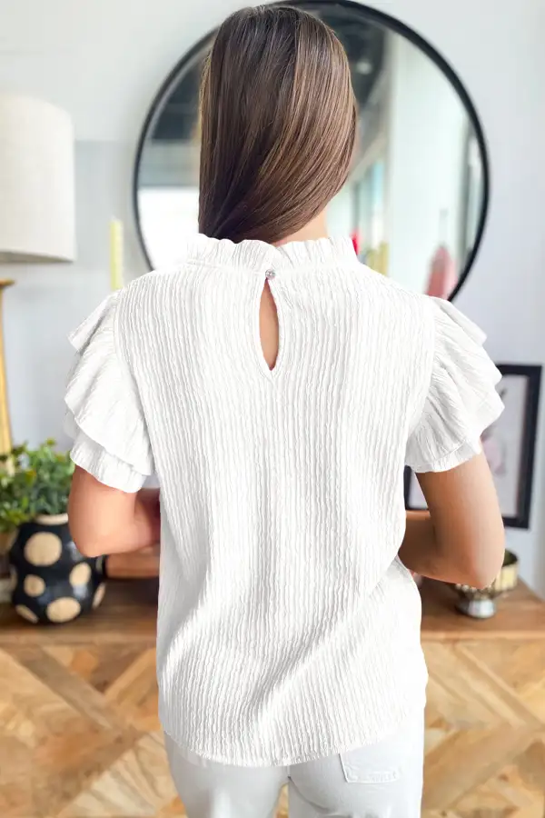 White Solid Color Textured Ruffle Trim Short Sleeve Blouse