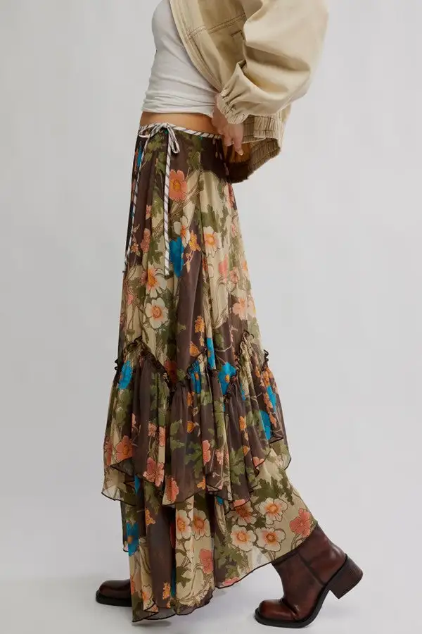 Women's Floral Print Chiffon Ruffle Maxi Skirt