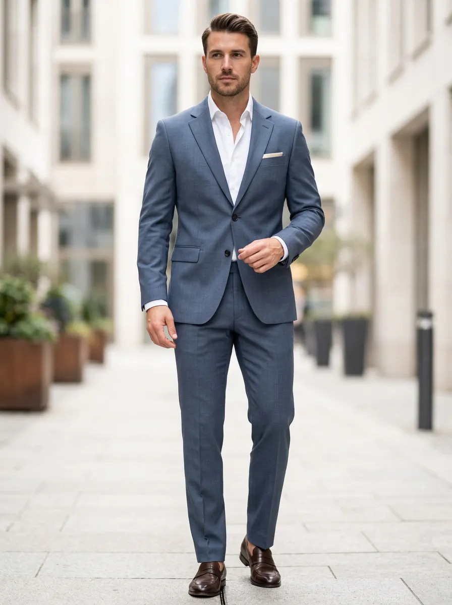 Men's Business Formal Blue Solid Tailored Suit Set