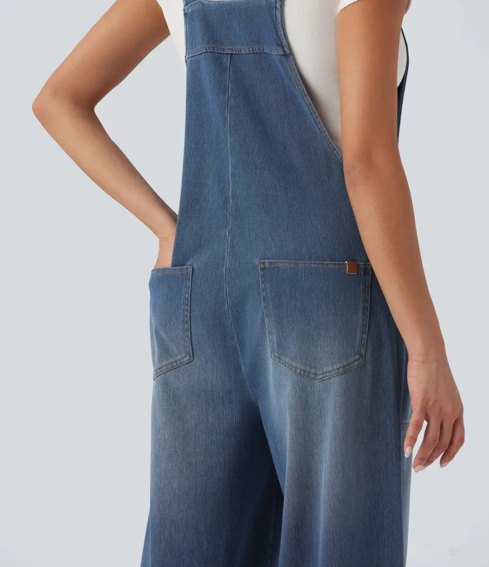  Square Neck Washed Denim Casual Overalls with Pockets