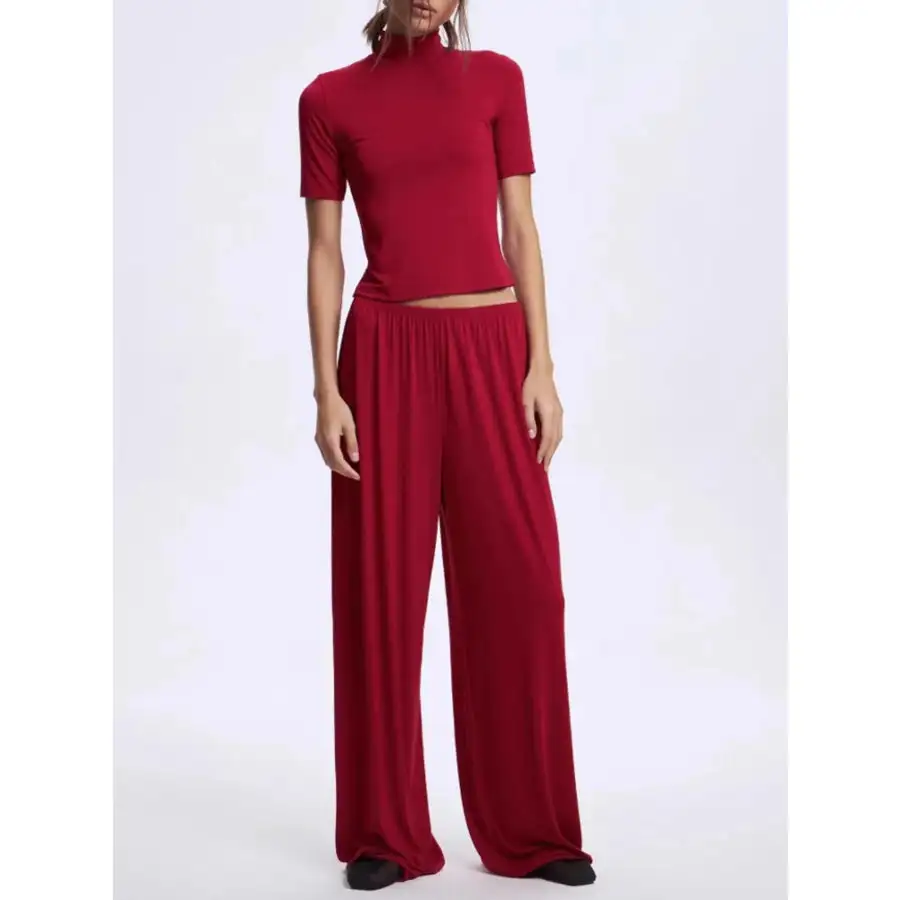 Mock Neck Short Sleeve Top and Pants Set