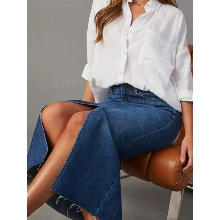 Raw Hem Front Slit Denim Midi Skirt