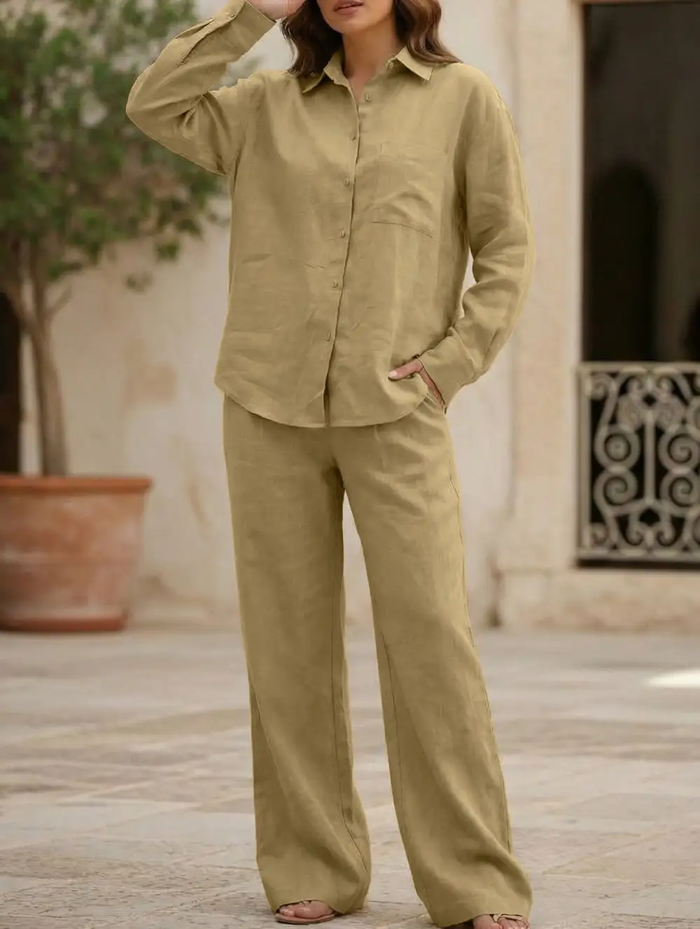 Shirt and Loose Wide-Leg Pants Suit