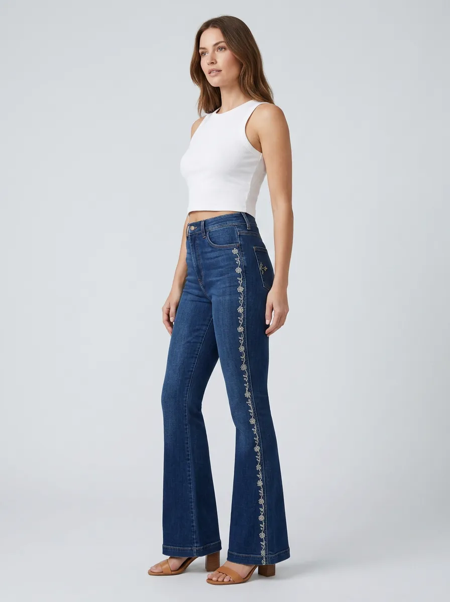 Women's Floral Side Stripe Embroidered High Rise Flare Jeans