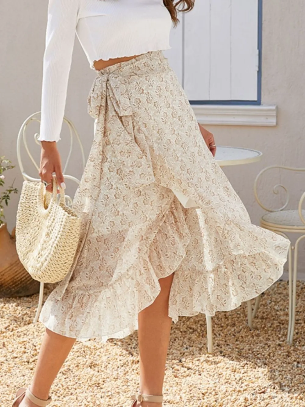 Ruffle Printed Midi Skirt