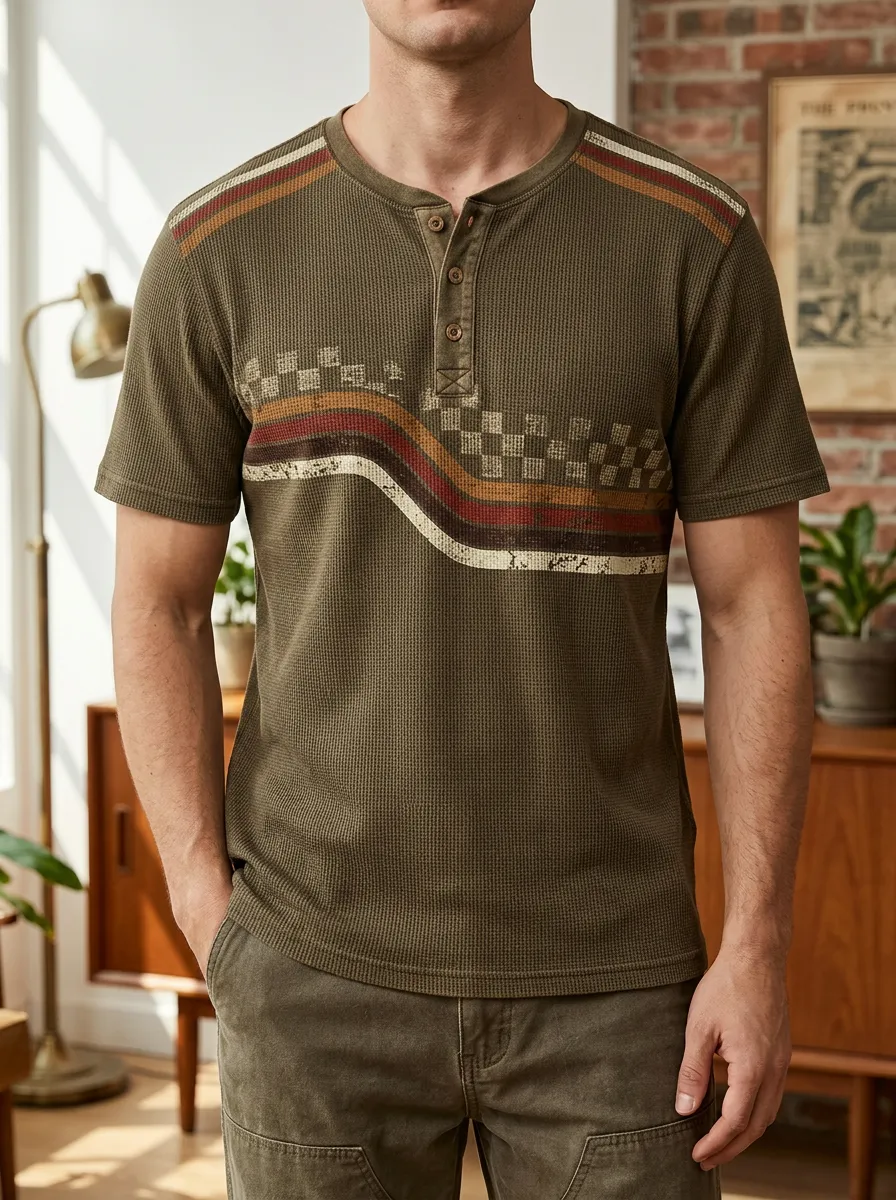 Men's Retro Checkered Stripe Printed Waffle Henley T-shirt