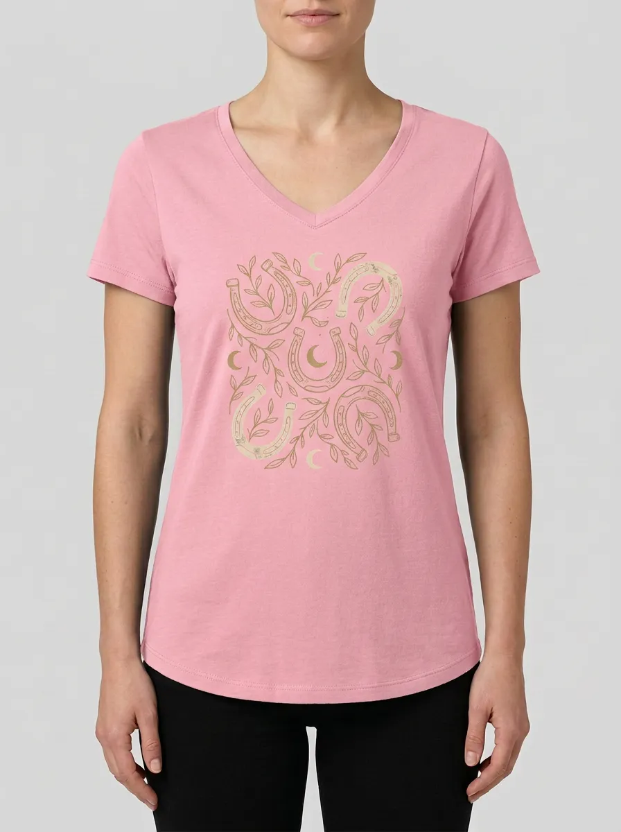 Women's Horseshoe Moon & Leaf Graphic V-Neck T-Shirt
