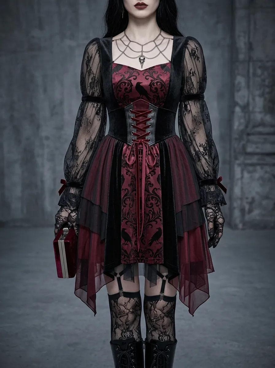 Women's Gothic Raven Damask Printed Lace Corset Mini Dress