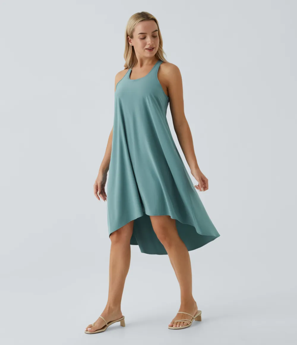 Breezeful Backless Racerback Side Pocket High Low Flowy Midi Quick Dry Casual Dress