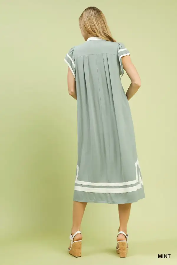 Linen Cotton Contrast Neckline Midi Dress