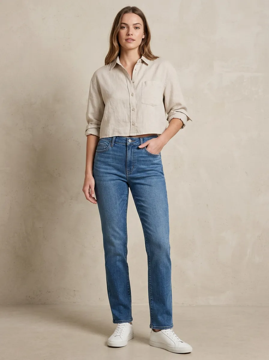 Women's Casual Daily Wear Blue Denim High-Rise Straight Leg Jeans
