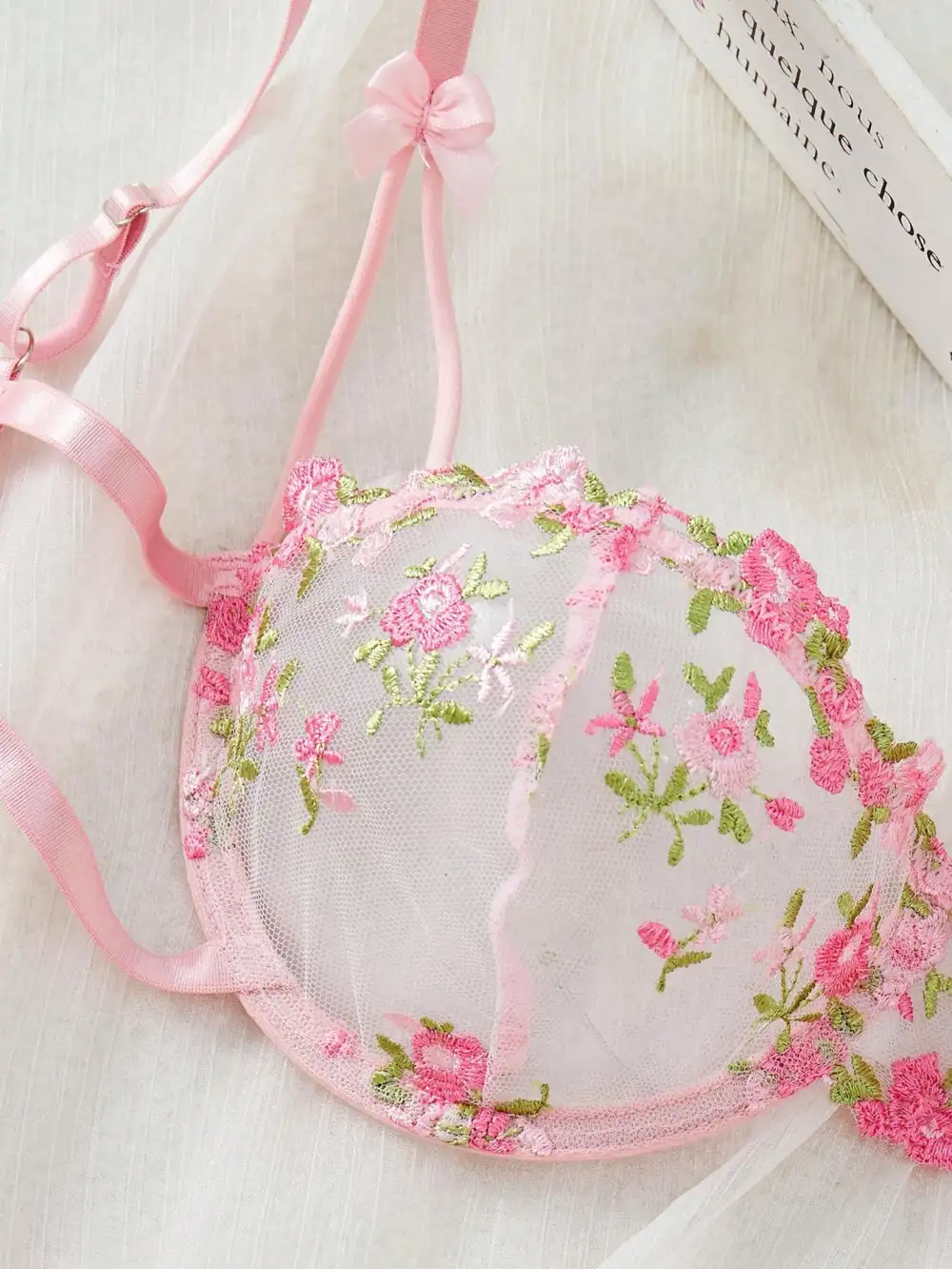 Floral Embroidered Demi Bra And Thong Set