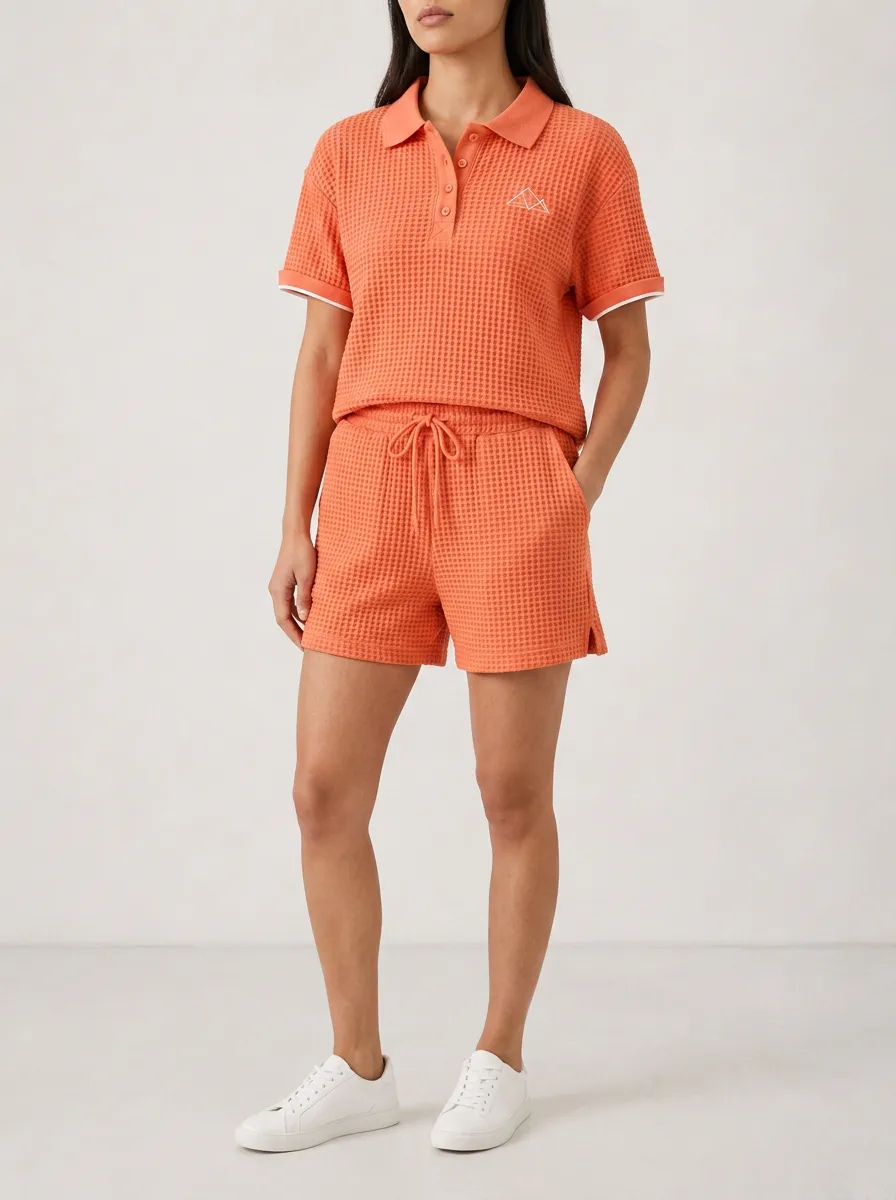 Women's Everyday Waffle Knit Geometric Logo Printed Polo Shirt