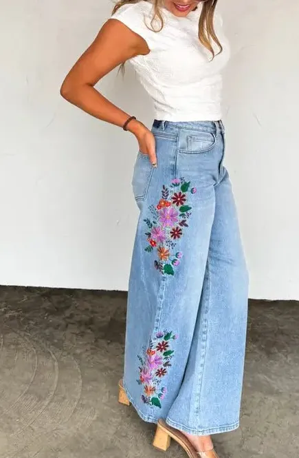 Floral Embroidered Wide Leg Jeans