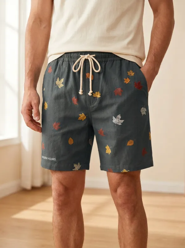 Tan Leaf-print Elastic Waist Shorts