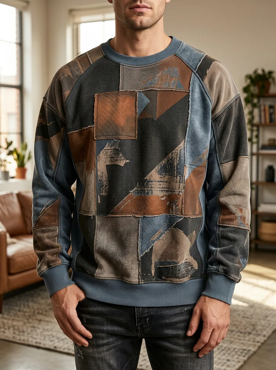 Men's Vintage Patchwork Geometric Printed Fleece Sweatshirt