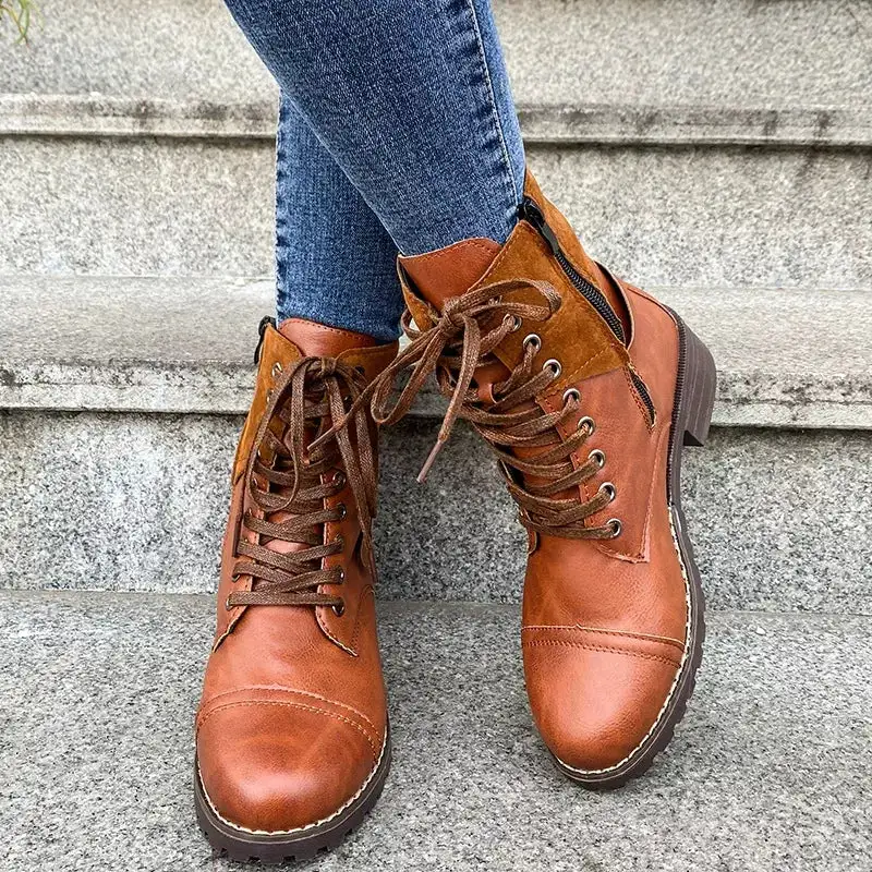 Relaxed Lace Up Block Heels Boots
