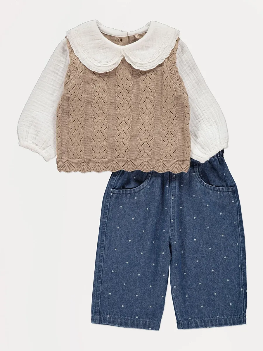 Neutral Jumper Top and Spot Jeans Outfit