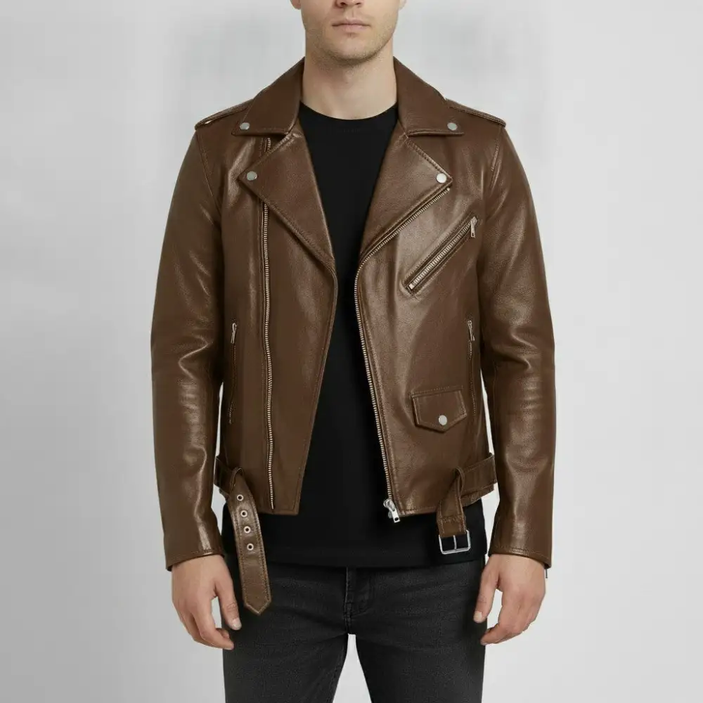 Classic Leather Biker Motorcycle Belted Jacket