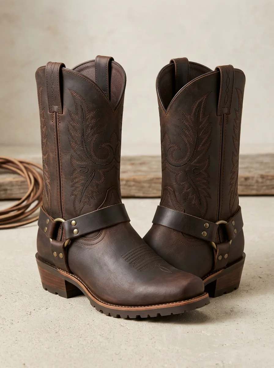 Men's Classic Western Brown Leather Embroidered Harness Boots