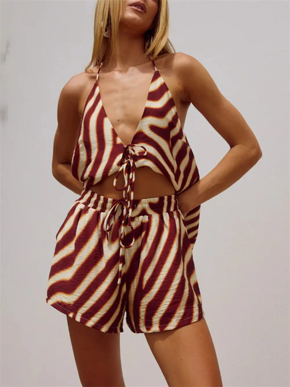 Zebra Print Halter Neck Top and Shorts Set