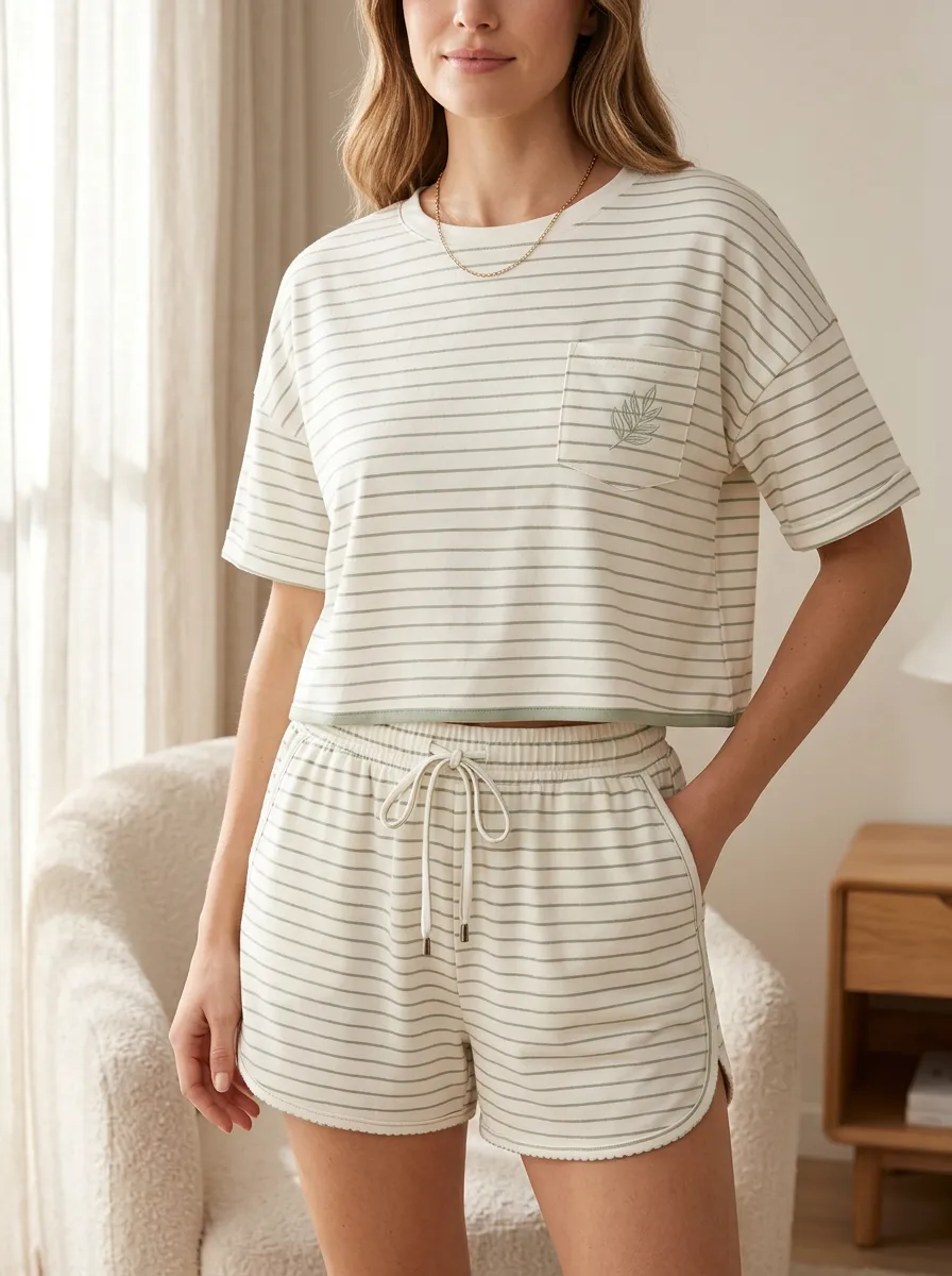 Women's Minimalist Botanical Striped Printed Loungewear Set