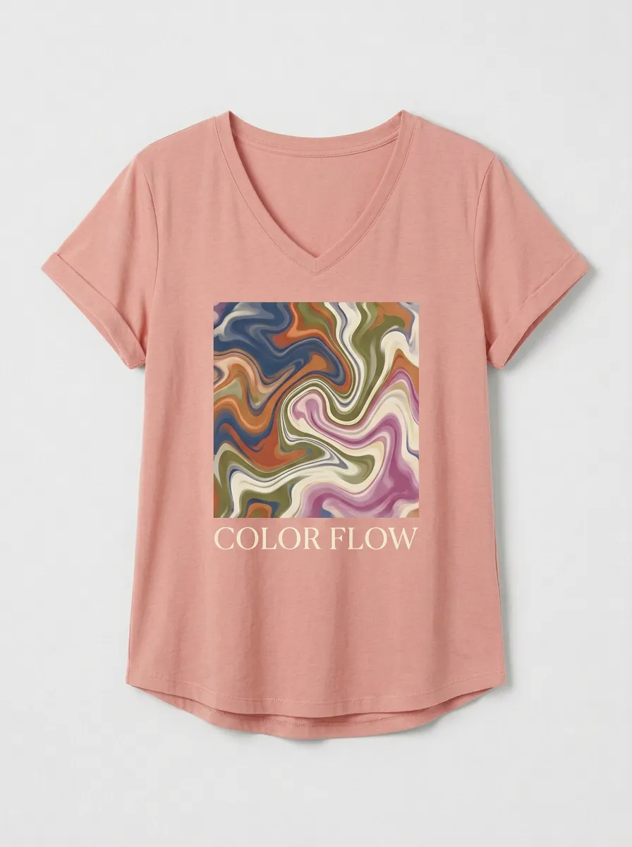 Women's Abstract Art Color Flow Marble Printed V-Neck T-Shirt Modern Pattern